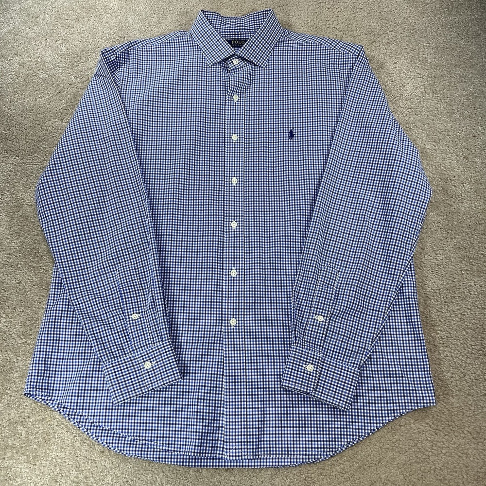Ralph Lauren Mens XL Blue Plaid Button Down Shirt Long Sleeve 100% Cotton Polo